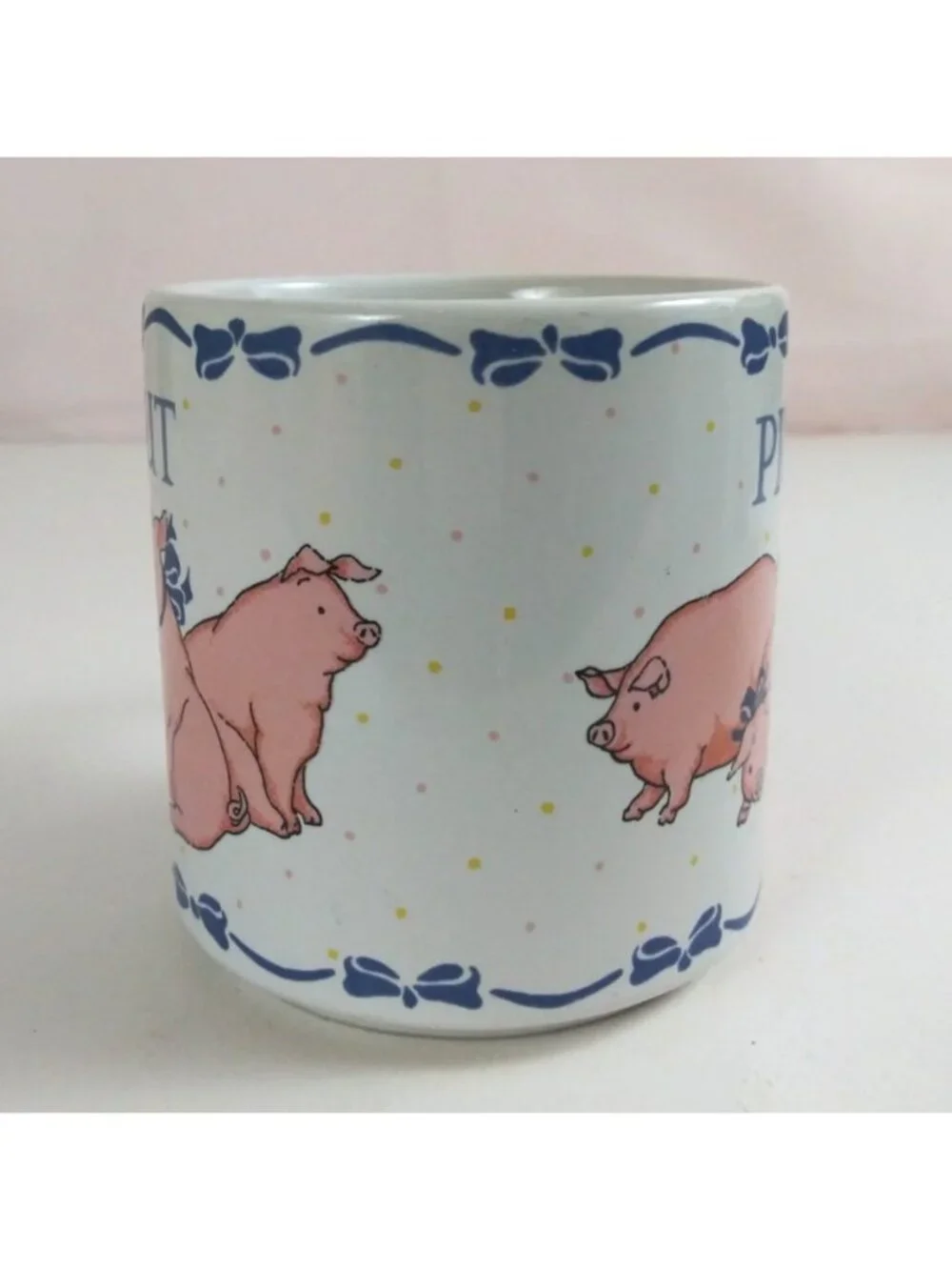 Vintage 1986 RAB Sunnycraft Pig Out Blue Bows & Cute Pigs Coffee Cup Korea